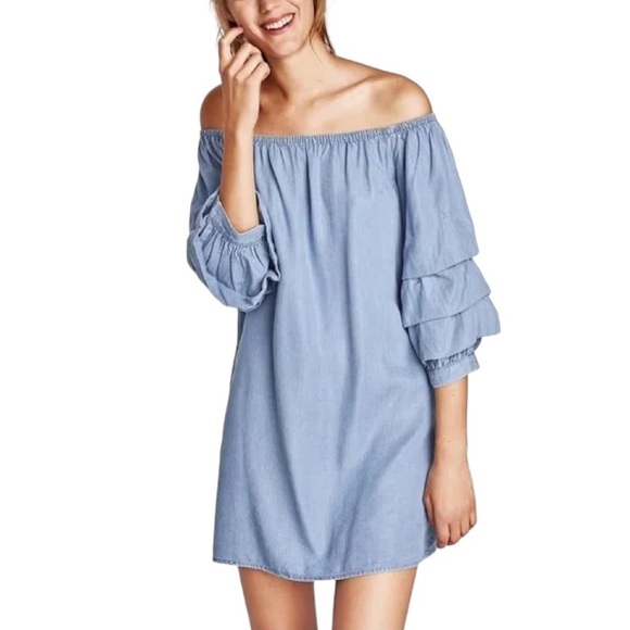 Zara Denim Dress Size Medium Blue Tiered Puff Sleeves Mini Off-The-Shoulder Jean - Picture 1 of 9